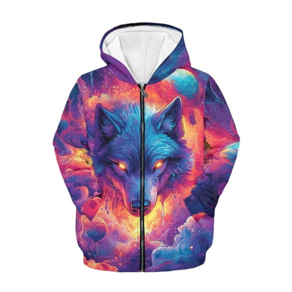 chaqlin Galaxy Wolf Hoodies for Boys Girls Trendy Y2K Zip Up Hoodie Long Sleeve Hooded Sweatshirts Kids School Jackets Casual Outerwear with Pockets