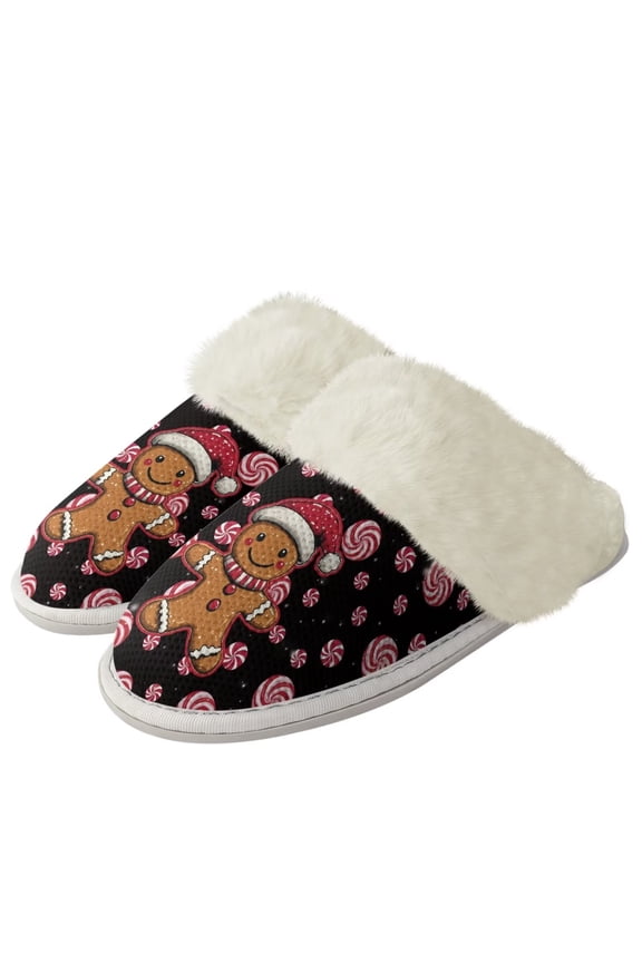 Gingerbread Man Slippers for Women Christmas Size 5 House Slippers Candy Print Warm Plush Bedroom Shoes for Indoor Outdoor