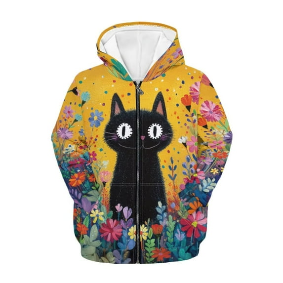 chaqlin Girls Cat Hoodies Size 14-16 Kids Zip Up Hooded Jacket Flower Long Sleeve Hooded Sweatshirt Lightweight Loose Drop Shoulder Cardigan with Pocket