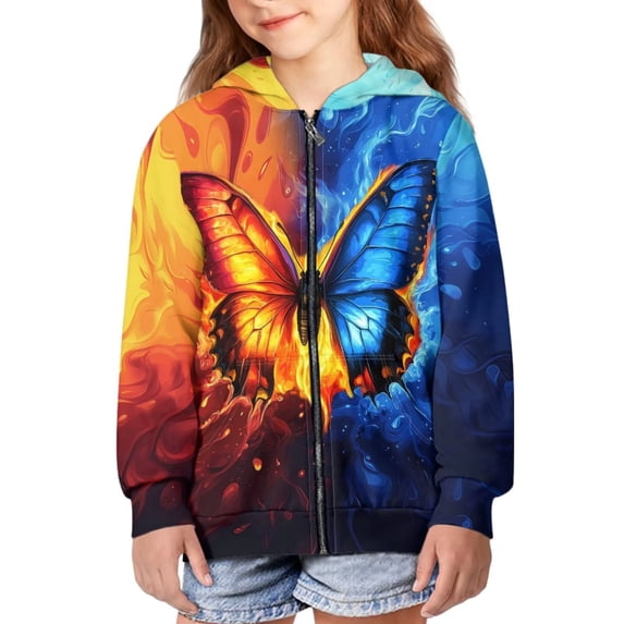 chaqlin Girls' Fashion Hoodies & Sweatshirts Butterfly Full Zip Hoodie Ice Fire Flame Long Sleeve Sweatshirt Jacket Casual Outerwear with Pocket Fall Winter Fashion Clothes
