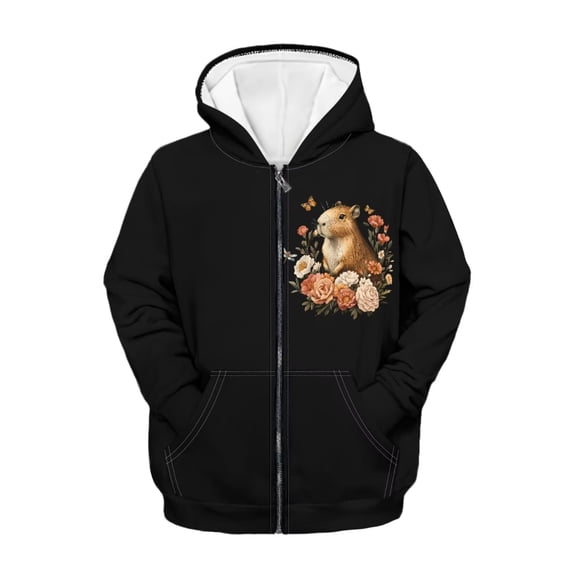 chaqlin Girls' Fashion Hoodies & Sweatshirts Capybara Full Zip Hoodie Flower Long Sleeve Sweatshirt Kids School Jacket with Pocket Fall Winter Fashion Clothes
