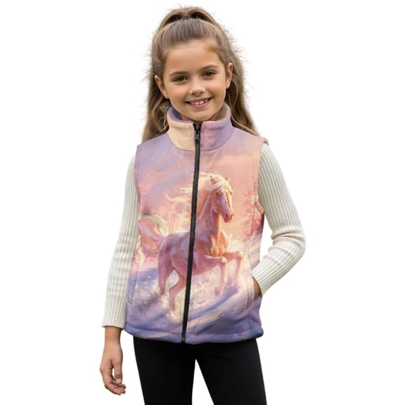 chaqlin Girls Fleece Vest Size 5-6 Running Horse Sleeveless Jacket Kids Full-Zip Vests Coat Fall Winter Warm Outerwear with Pockets