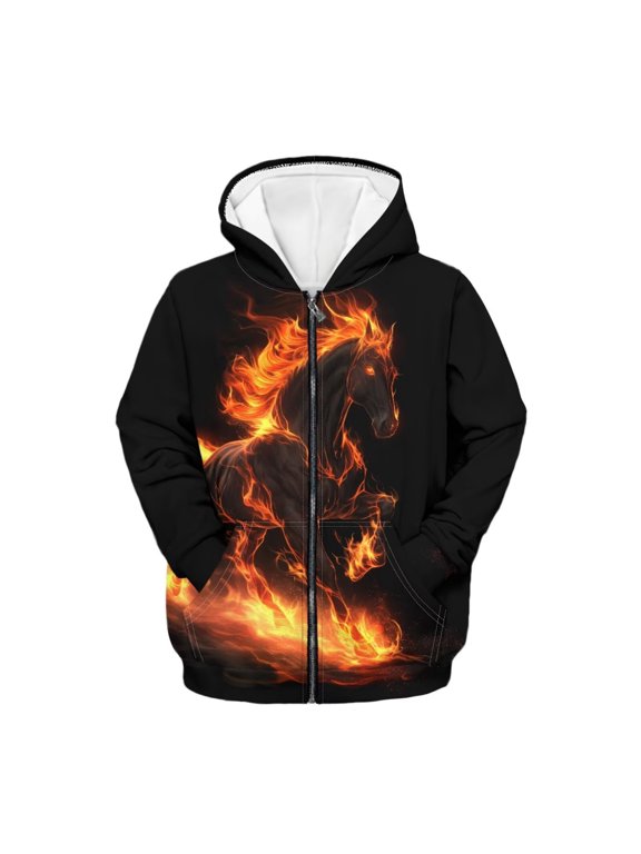 Girls Horse Hoodies Size 14-16 Trendy Y2K Full-Zip Hooded Sweatshirt for Boys Fire Flame Print Long Sleeve Hoodie Coat Kids Athletic Jacket with Pockets