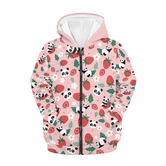 chaqlin Girls Panda Hoodies Size 8-10 Kids Long Sleeve Zipper Sweatshirts Strawberry Full-Zip Hooded Jacket Casual Outerwear with Pockets Fall Winter Clothes