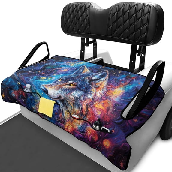 chaqlin Golf Cart Seat Cover Blanket 4 Pockets Terry Cloth, Compatible with Sports Universal Golf Cart Seat, for Club Car Yamaha, Colorful Wolf Pattern