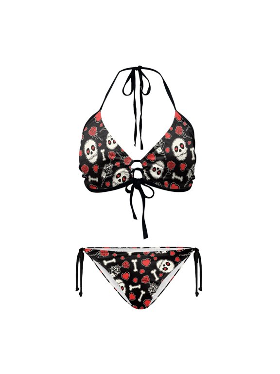Gothic Skull Rose Heart Halter Bikini Set - Sexy Two Piece Triangle Swimsuit with Tie Sides - Perfect for Beach Vacation & Pool Party