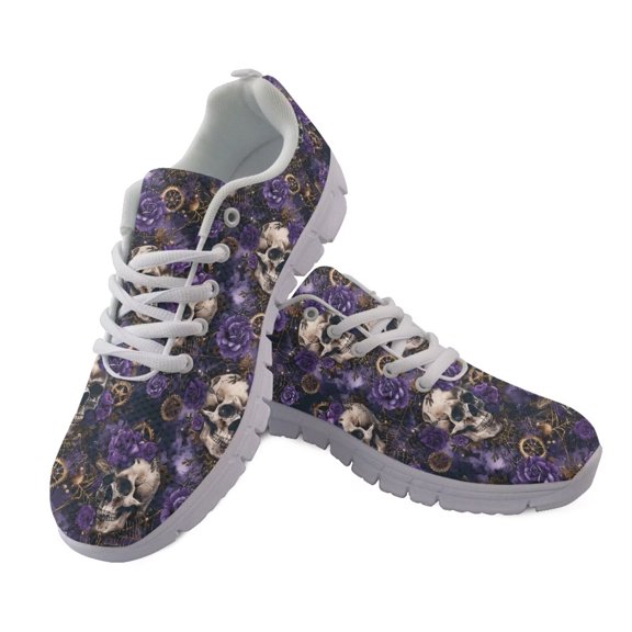 chaqlin Gothic Skull Sneakers for Women Men Size 9.5 Comfortable Slip On Walking Shoes Rose Print Lace-Up Running Shoes Outdoor Training Flats
