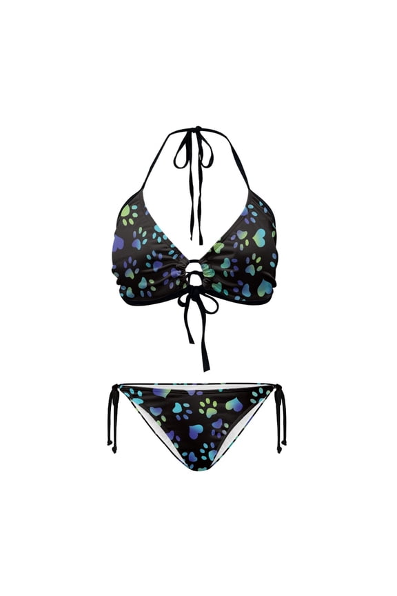Gradient Paw Print Halter Triangle Bikini Set - Sexy Two Piece Tie Side Bathing Suit for Beach & Pool Vacations