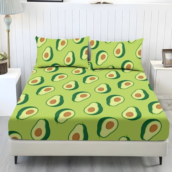 chaqlin Green Avocado Kids Bed Sheet Soft Fitted Sheet and Pillowcase,Bedding Cover 3 Piece Soft Cozy Bed Sheets Decoration,Twin