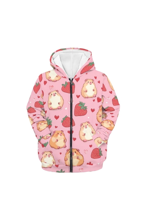 Guinea Pig Hoodies for Teen Girls Trendy Y2K Zip Up Hoodie Strawberry Long Sleeve Hooded Sweatshirts Kids School Jacket with Pocket Fall Winter Clothes
