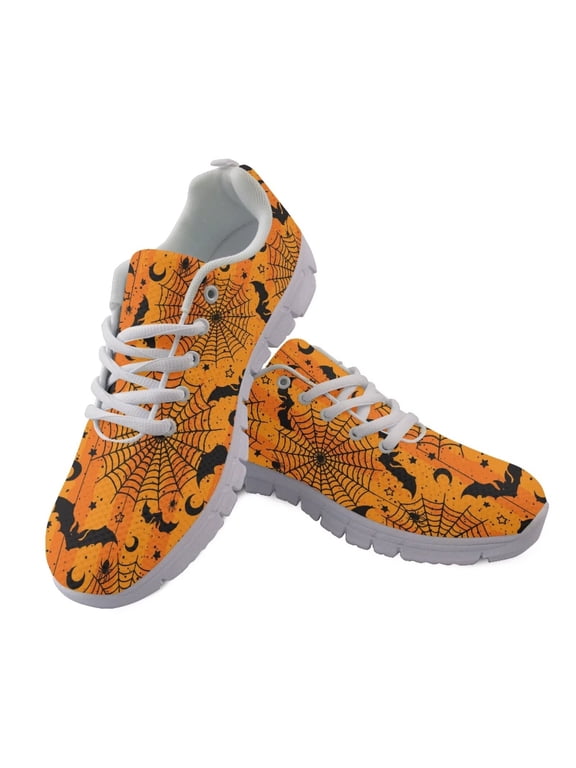 Halloween Bat Spider Web Shoes for Women Men Size 10.5 Breathable Mesh Walking Sneakers Comfortable Lace-up Running Tennis Shoes Casual Slip on Work Flat