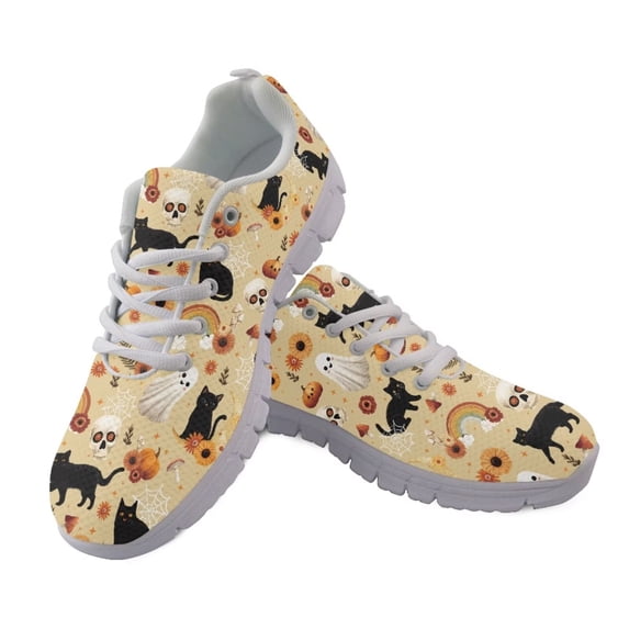 chaqlin Halloween Cat Ghost Shoes for Women Men Size 13.5 Casual Lace Up Running Sneakers Breathable Mesh Slip On Walking Shoes Comfortable Office Work Flat