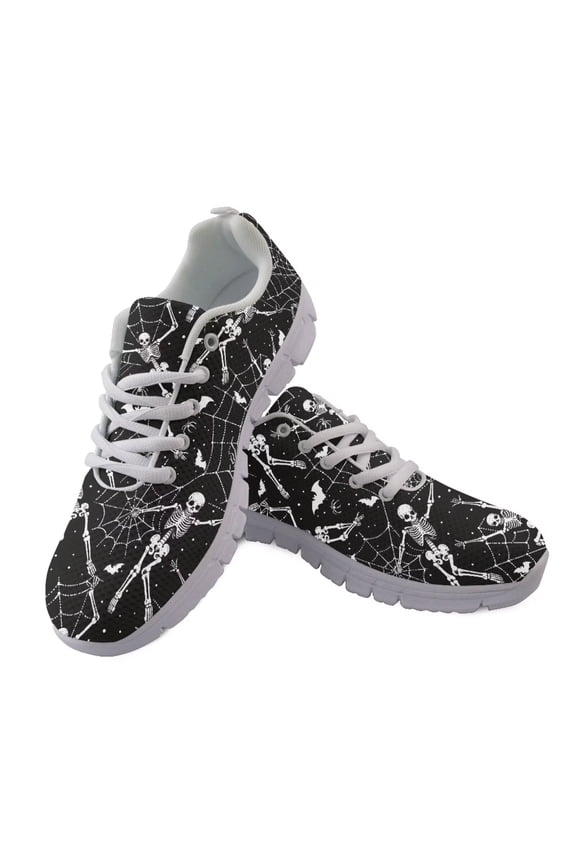 Halloween Skeleton Spider Web Sneakers for Women Men Casual Lace Up Walking Shoes Breathable Mesh Slip on Tennis Running Shoes Fashion Work Flats
