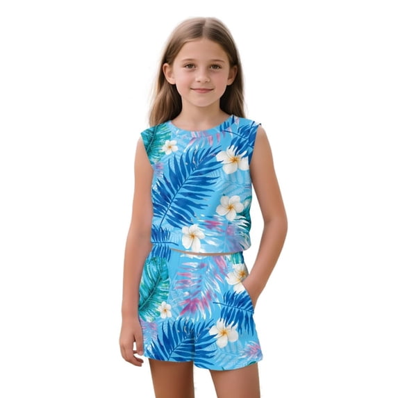 chaqlin Hawaii Blue Flowers Girls Shorts Set Sleeveless Top and Elastic Waist Shorts with Pockets Soft Graphic Summer Outfits for Sports Casual Wear 5-14 Years Old