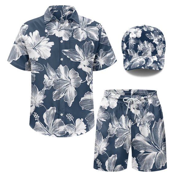 chaqlin Hibiscus Print 2 Pieces Outfits for Men,Summer Beach Outfit,Causal Button Down Shirts and Shorts with Hats Beach Vacation Loungewear,S-3XL