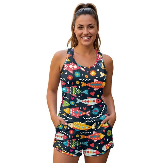 chaqlin Hippie Fish Print Women's 2 Piece Tankini Tummy Control Bathing ...