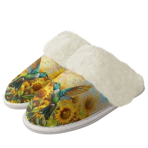 chaqlin- Hummingbird Fuzzy House Slippers for Women Size 6 Sunflower Comfy Plush Warm Slip-on Slippers Fluffy Winter Cotton Slippers