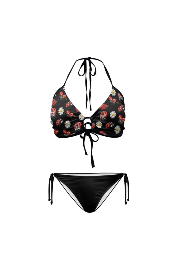 Ladybug & Daisy Print Halter Triangle Bikini Set - Sexy Two-Piece Tie Side Bathing Suit for Beach Vacation & Pool Party