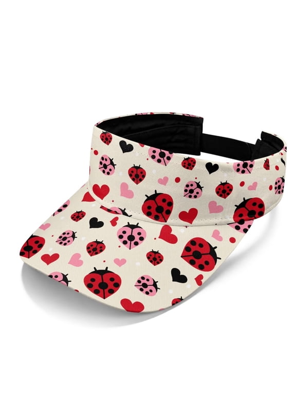 Ladybug Hearts Print Sun Visor Women Wide Brim Hat Adjustable Outdoor Cap Open Top Visors Hats Headwear Men Sport Running Golf Travel
