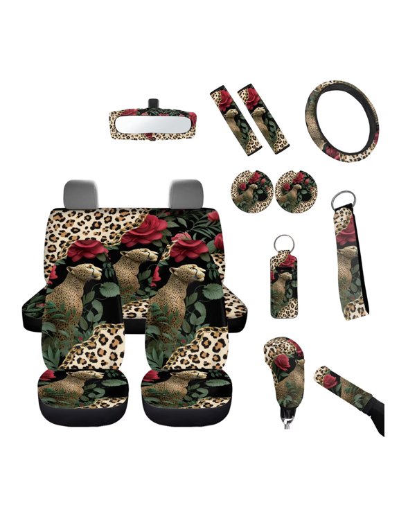 Leopard Car Seat Covers Full Set 14 Pieces Auto Accessories Universal Fit Flower Steering Wheel Cover Leopard Seat Belt Pads Coasters Flower Keychain for Truck SUV Van