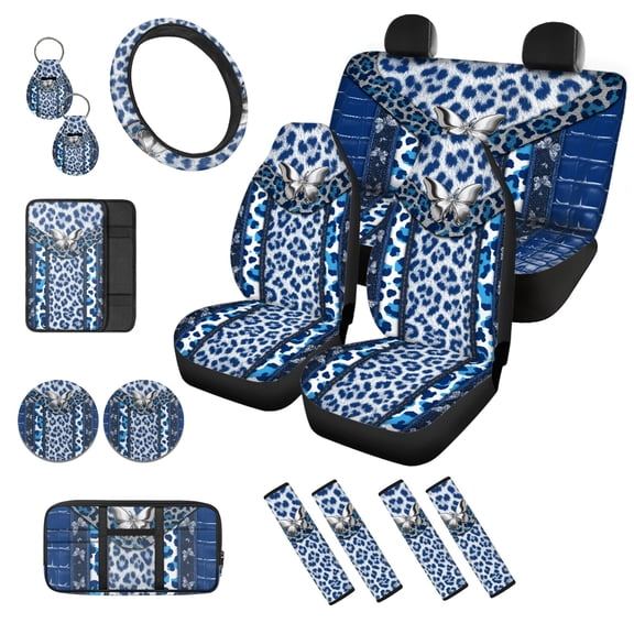 chaqlin Leopard Print Car Seat Cover Full Set 15Pack Auto Seat Universal Steering Wheel Cover Sun Visor Storage Bag Soft Breathable Automotive Interior Sets for Men Women