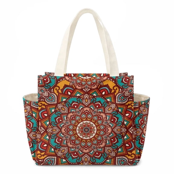 chaqlin Lunch Bag For Women, Insulated Lunch Box Adult Large Capacity Lunch Bags,Portable Lunchbox Cooler Bag with Handle Side Pockets,Brown Mandala Print