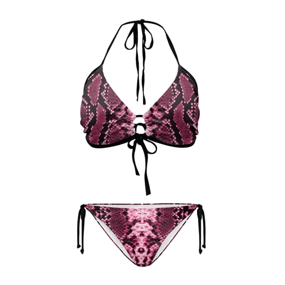 chaqlin Magenta Snakeskin Halter Neck Triangle Bikini Set - Sexy Tie Side Two Piece Swimsuit for Beach & Pool Vacations | Quick Dry, Figure Hugging Design