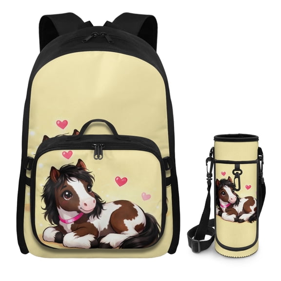 chaqlin Mini Pony Backpack for Girls 8-10 with Lunch Box Kindergarten Elementary School Book Bag 3-in-1 Set School Book Bags Set for Teen Girls 17inch Daypack Backpack Travel Bookbag