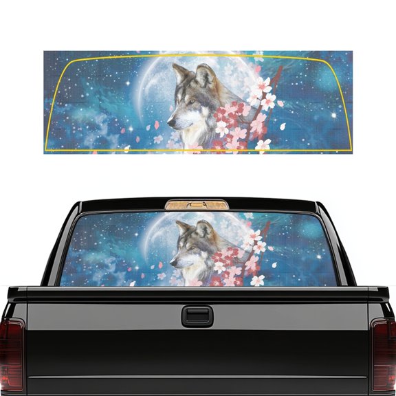 chaqlin Moon Cherry Blossom Wolf Rear Window Decals for Trucks - Back Window Decals Fit Most Pickup Trucks SUV, Truck Rear Window Graphics for Trucks Auto Decoration