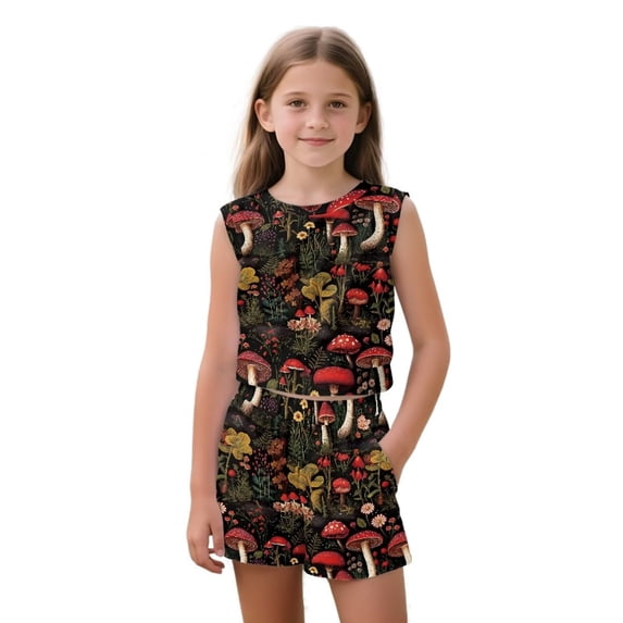 chaqlin Mushroom Flowers Girls 2 Piece Summer Outfits Kids Shorts Set Round Neck Tank Top and Soft Shorts with Pockets Kids Short Set for 5-14Y