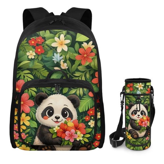 chaqlin Panda Floral Cute Kids Backpack Girls, Set 3 in 1 Children Teens Schoolbag Bookbag, School Book Bag with Breathable Padded Shoulder Straps, Matching with Lunch Bag Water Bottle Carrier
