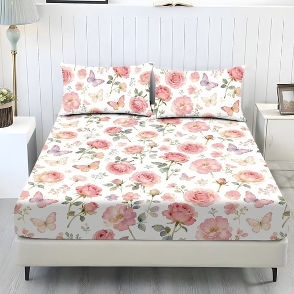 chaqlin Pink Butterfly Rose Sheet Set Twin Size Bedding Sheet Set Cozy Washable Fade Resistant 1 Fitted Sheets with Elasticized 9.8" Standard Pocket and 2 Pillowcases