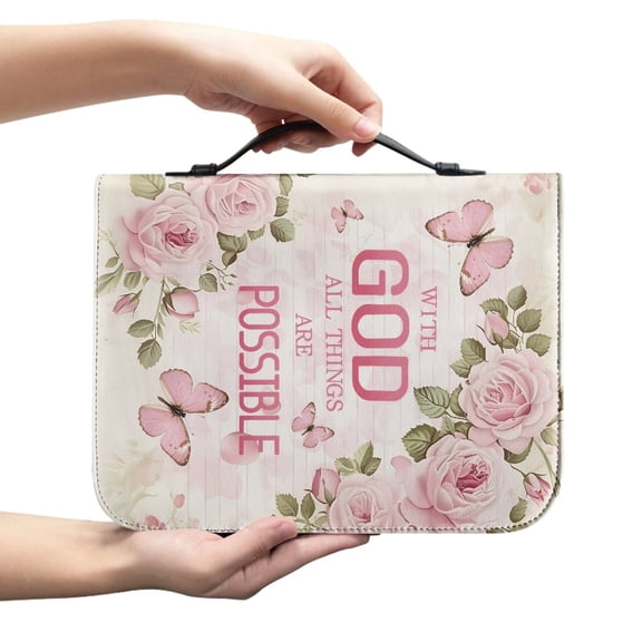 chaqlin Pink God Scripture Butterfly Bible Case Protable for Women Men Bible Cover Carrying Book Case Church Bag Study Tote Book Cover with Pen Slots Scripture Bible Protector