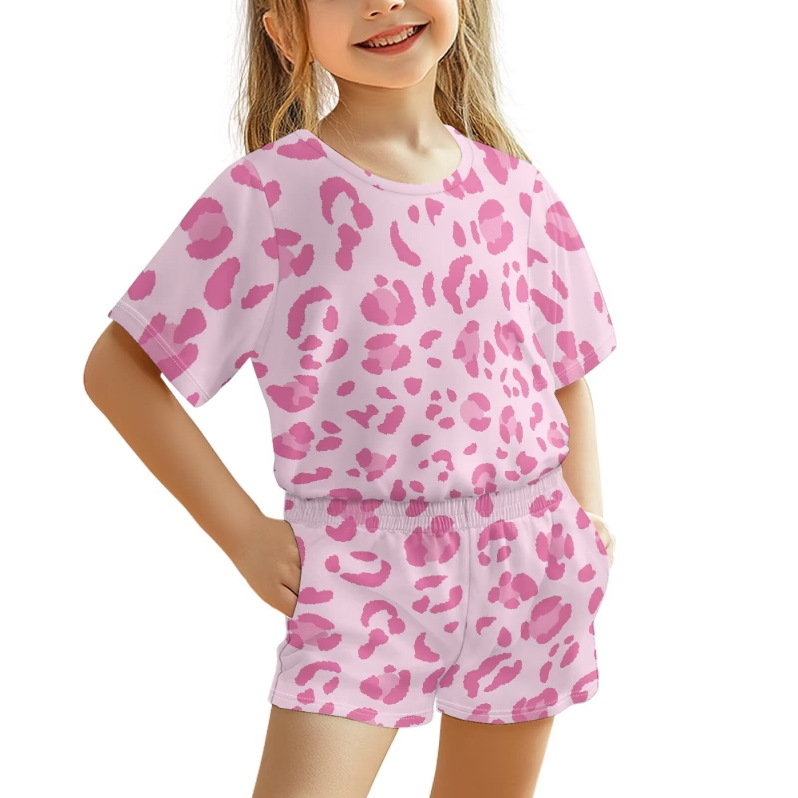 chaqlin Pink Leopard Print Girls Summer Clothes Sets Hawaii Beach Tee T ...
