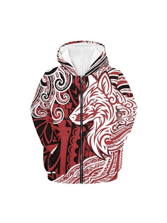 Polynesia Wolf Sweatshirts for Boys 8-10 Trendy Y2K Zip up Hoodies Lightweight Loose Fit Sports Jacket Casual Long Sleeve Hoodie Coat with Pockets