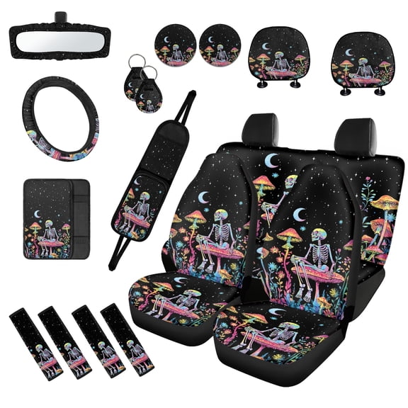 chaqlin Print Seat Covers Full Set - Front & Rear Car Seat Protector Set,Headrest Covers,Steering Wheel Cover Shoulder Pads Headrest Cover View Mirror Cover Seat Storage Bag,Black Skull Mushroom Moon