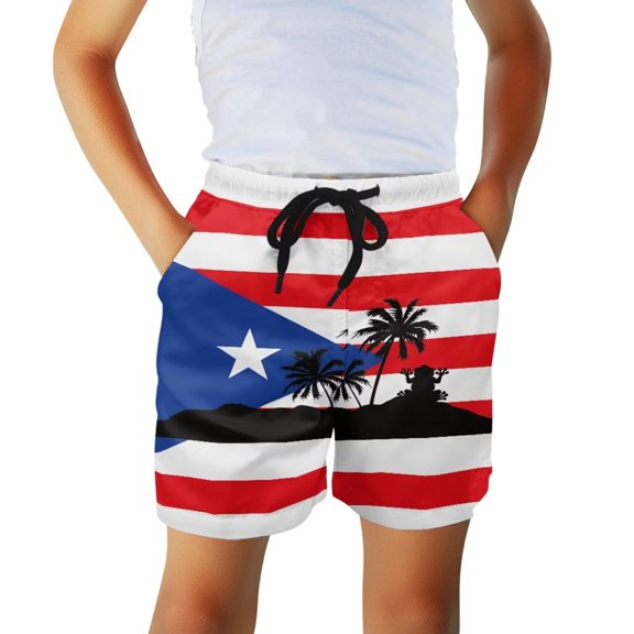 chaqlin Puerto Rico Palm Tree Print Boys Bathing Suit Swim Trunks,Quick Dry Drawstring Board Shorts with Pockets,Lightweight Breathable Swimsuit Shorts for Hawaii