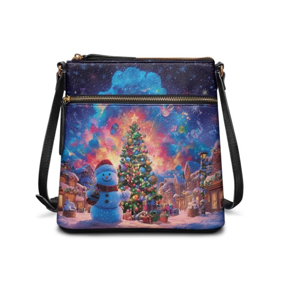 chaqlin Rainbow Christmas Tree Snowman Shoulder Bag for Women Crossbody Purse Fashion Bucket Bag with Shoulder Strap Lightweight Leather Crossbody Handbag for Travel Work