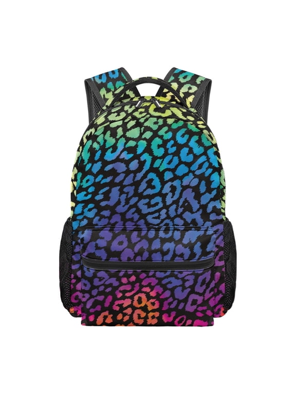 Rainbow Leopard Backpack for Girls Kids School Bag 17 Inch Bookbag Back To School Backpack Elementary Middle School Back Packs Large Capacity Kawaii Daypack