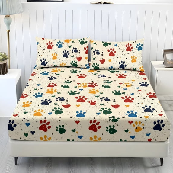 chaqlin Rainbow Paw Print Twin Size 3Pcs Sheets Set Cozy Fitted Sheet ...