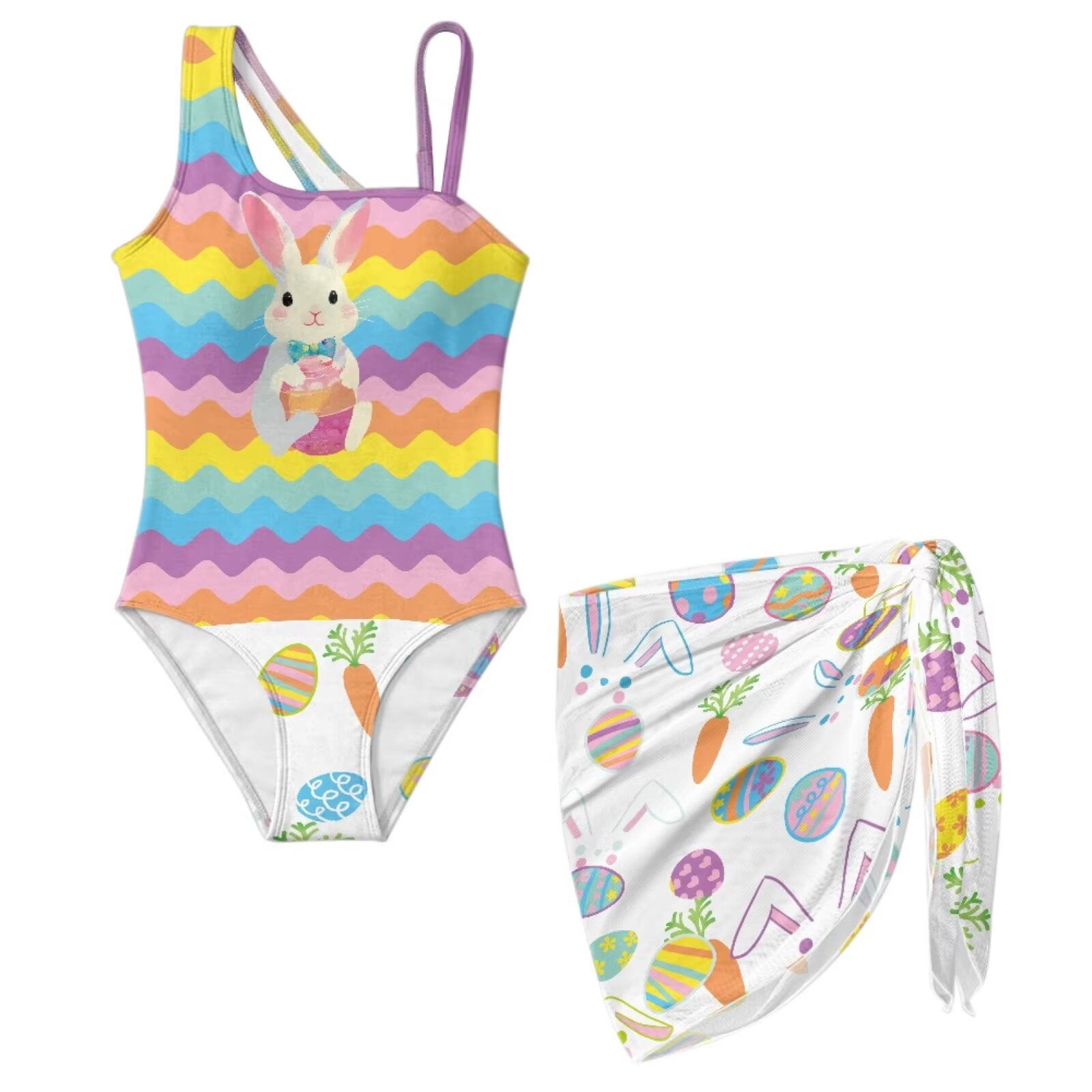 chaqlin Rainbow Stripes Swimwear Set Easter Egg Cute Rabbit Swimwear ...
