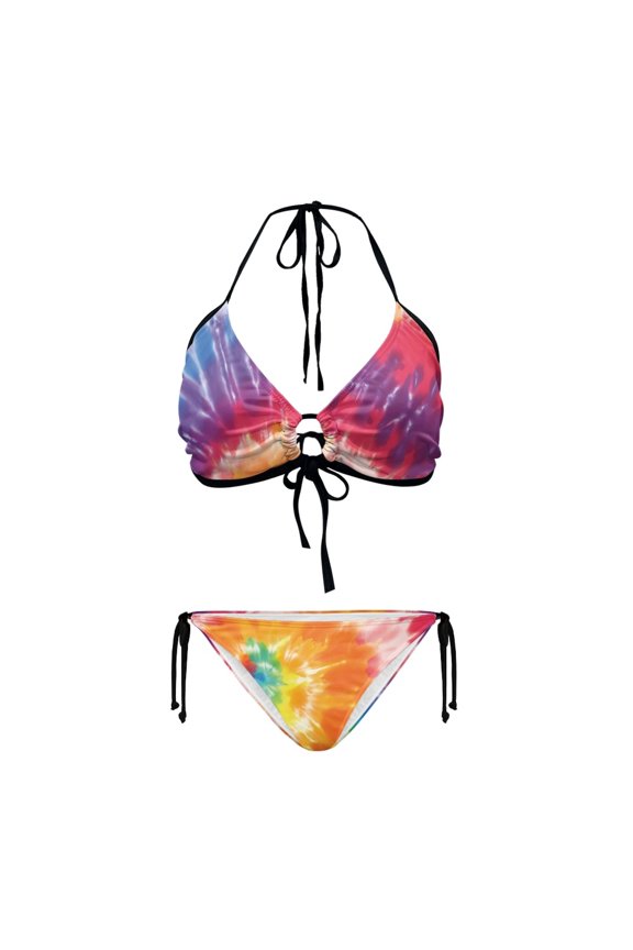 Rainbow Tie-Dye Halter Neck Two Piece Bikini Set - Sexy Cutout Design with Tie Side Bottoms - Quick Dry Swimwear for Beach Vacation & Pool Party