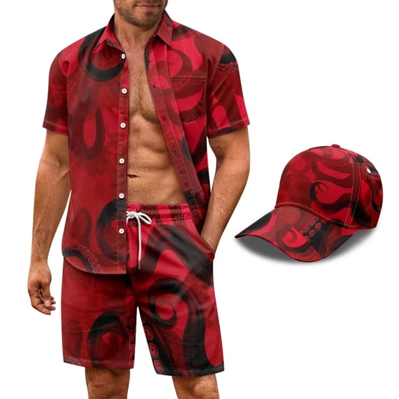 chaqlin Red Black Octopus Print Mens Short Sleeve 2Piece Sets,Button Down Causal Shirt Top and Shorts Outfit for Men Fashion 2026 Beach Vacation Clothes Airport Cruise Attire Sets