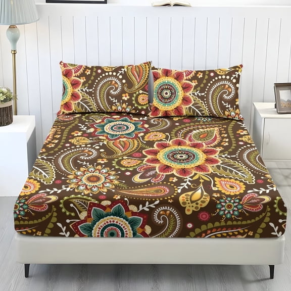 chaqlin Retro Boho Floral Fitted Sheets Set for King Size Beds 3 Pieces Elastic Bedding Sheets with 9.8 Inches Standard Pocket Wrinkle Free Bed Sheet Set Easy & Secure Fit