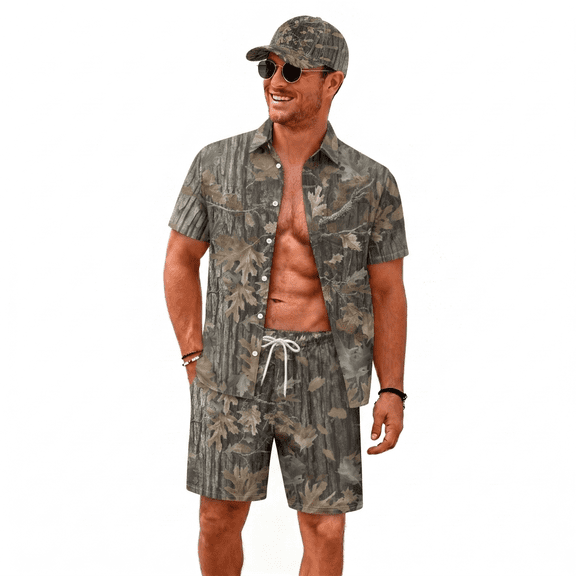 chaqlin Retro Oak Camo Print Men’s 2Piece Short Sets Holiday Graphic Print Beach Outfits for Men Plus Size Short Sleeve Button Down Shirts Casual Beach Shorts Sets with Baseball Hats