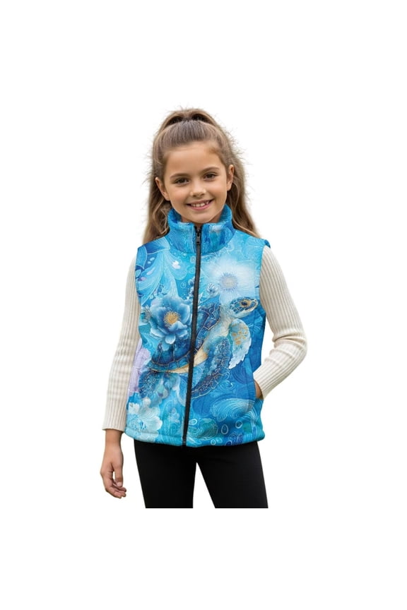 Sea Turtle Vest for Girls Boys Trendy Y2K Sleeveless Fleece Jacket Kids Zip Up Vests Coat Casual Sports Outerwear with Pockets Size 7-8