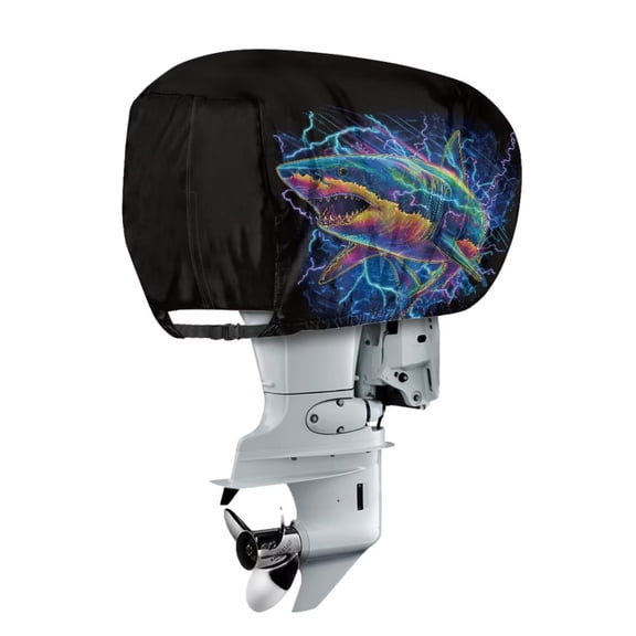 chaqlin Shark Print Half Outboard Motor Cover 10-25HP Yacht Engine Hood with Elastic Strap Waterproof Outboard Engine Splash Covers Suitable for All Weather Easy to Install and Take Off