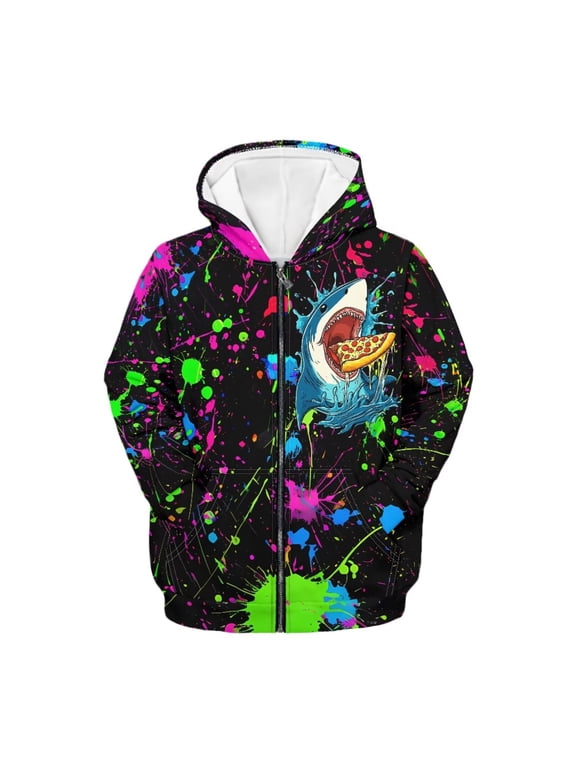 Shark Zip up Hoodies for Boys 11-13 Trendy Y2K Hoodie Sweatshirt Paint Splatter Zipper Sports Coat Casual Long Sleeve Jacket with Pocket