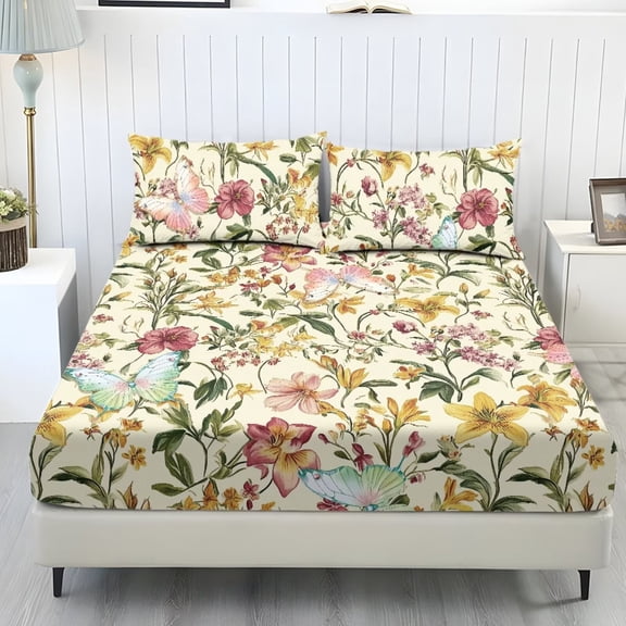 chaqlin Sheets Set for Twin Size Beds Cooling Soft Bedding Fitted Sheet Set of 3 Flower Garden Print Twin Bed Sheets with Pillowcases Fade Resistant & Machine Washable