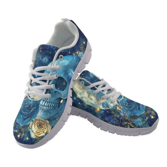 chaqlin Skull Sneakers for Women Walking Shoes Comfortable Lace-Up Running Shoes Flower Breathable Slip-on Jogging Shoe Outdoor Mesh Trainers for Men Size 7